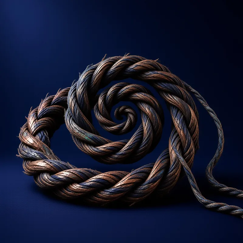 A twisted dark brown rope forms a spiral shape against a solid deep blue background with dramatic lighting highlighting its texture.