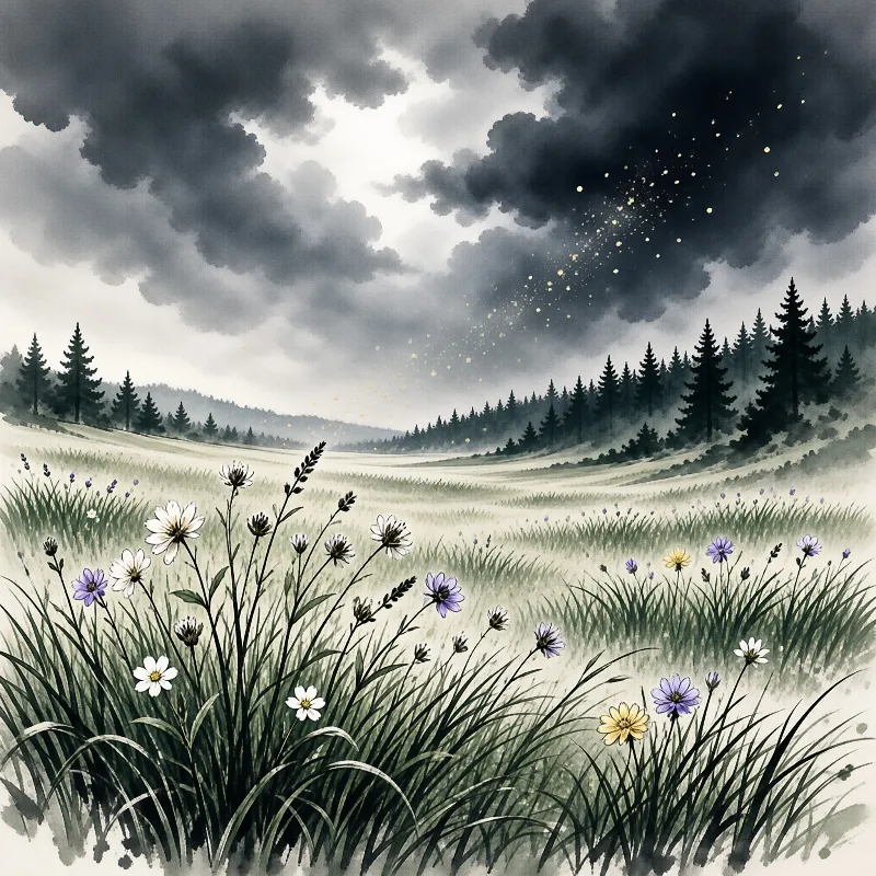 A watercolor landscape features white and purple wildflowers in a meadow under heavy dark clouds with glowing dust.
