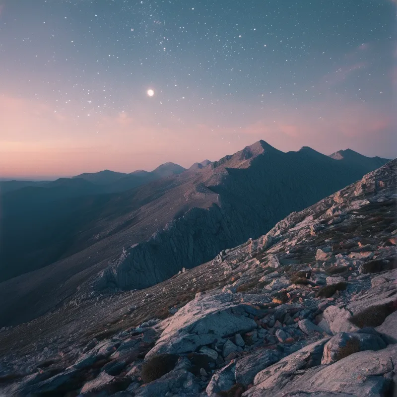 A view of rugged mountain terrain under a night sky filled with stars and a bright moon.