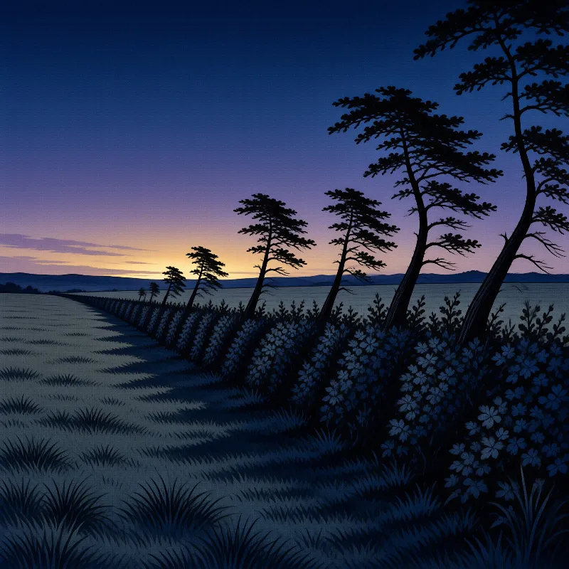 A line of dark coniferous trees silhouetted against a gradient sky shifting from deep blue to warm orange at the horizon.