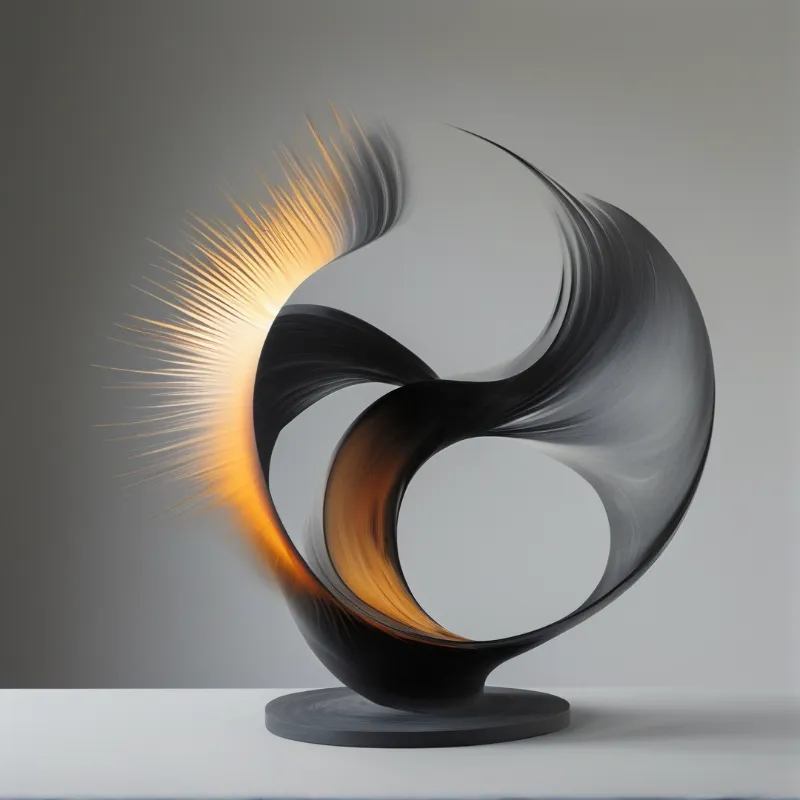 A dark twisted form stands on a pedestal while orange light radiates from its side against a neutral gray wall.