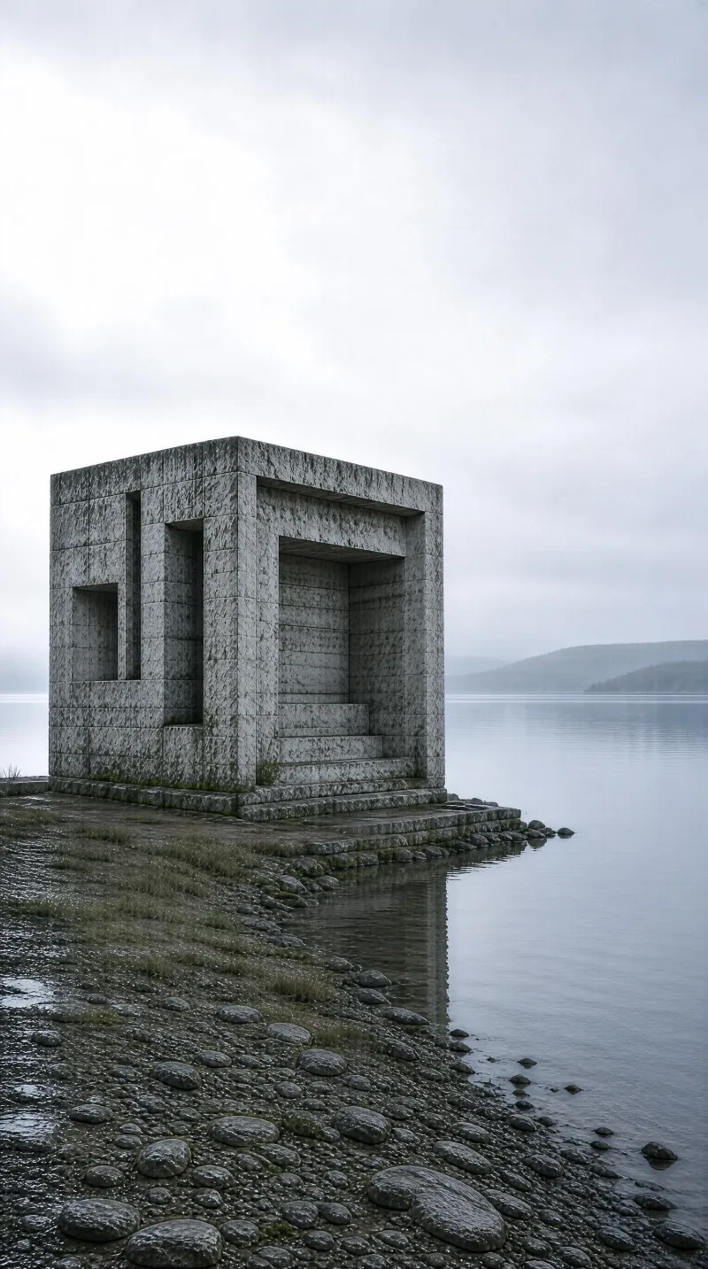 Stone Cube by the Lake