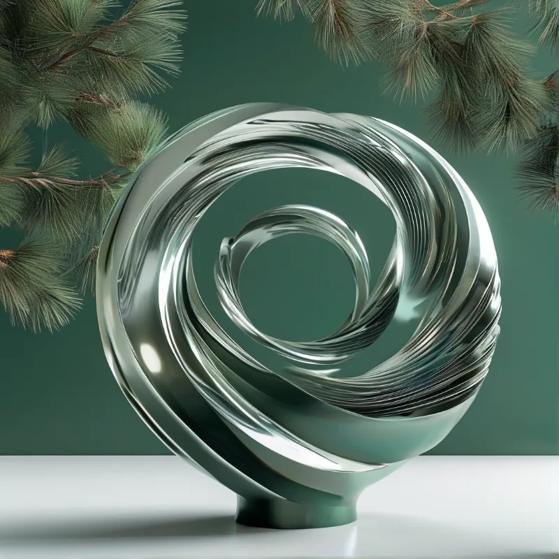 A reflective metallic spiral sculpture rests on a white surface against a teal wall framed by pine needles.
