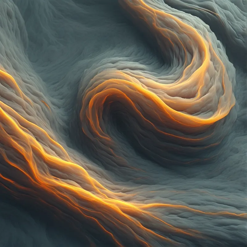 Abstract view of dark teal material rippling into complex curves illuminated by warm orange light along the raised edges.