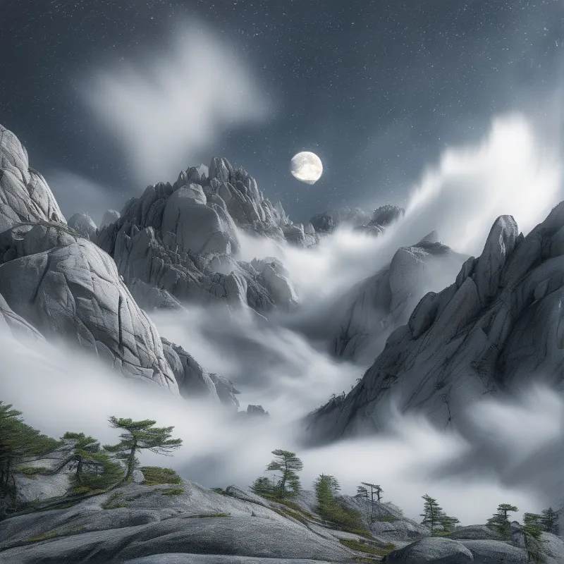 Jagged rocky mountains rise above swirling white mist beneath a bright full moon in a starry night sky.