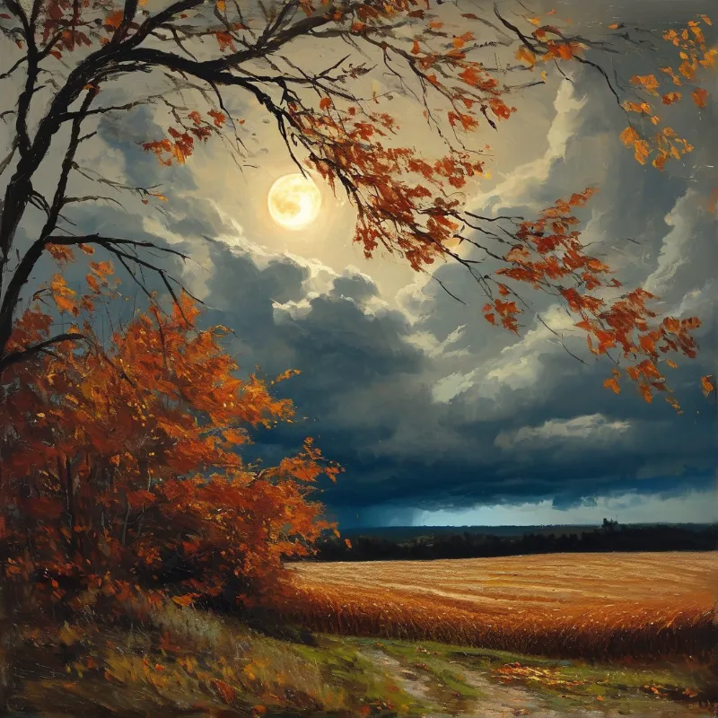 An orange maple tree frames a bright full moon shining through heavy dark storm clouds over a harvested golden grain field.