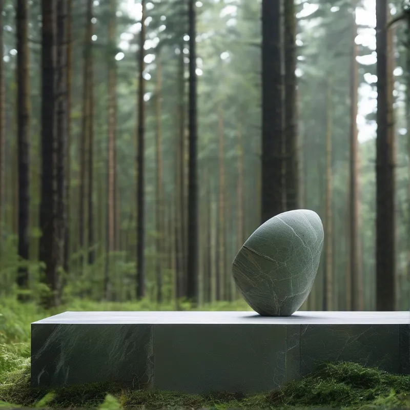 A large smooth grey rock balances on a dark rectangular block within a foggy woodland surrounded by tall trees