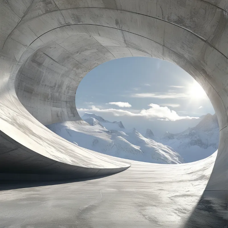 A sweeping grey concrete interior opens into a round window framing sunlit snow covered mountain ridges against a blue sky