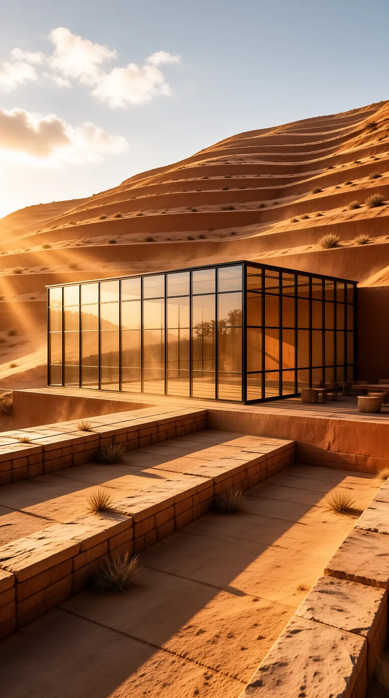 A steel framed glass box rests on sandstone terraces, its panes reflecting the amber dune slope under a pale sky.