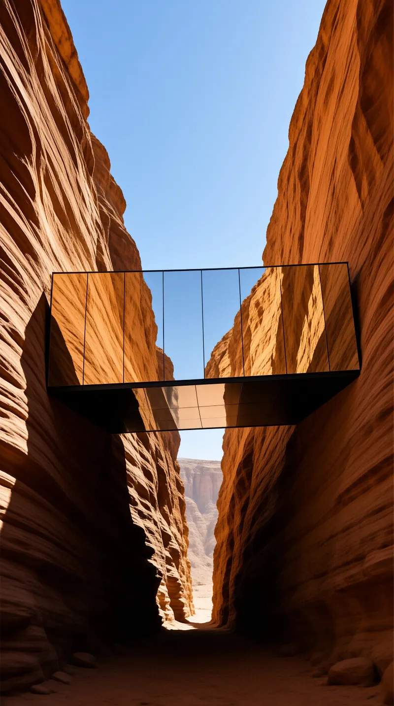 A mirrored footbridge floats between towering orange canyon walls, reflecting blue sky and sunlit rock over a shadowed slot.