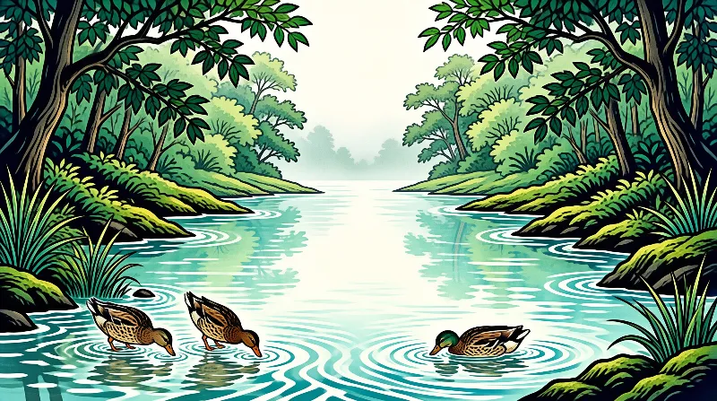 Two female and one male mallard duck forage on the tranquil pale blue river edged by thick lush green forest, soft light glows at the far bend.