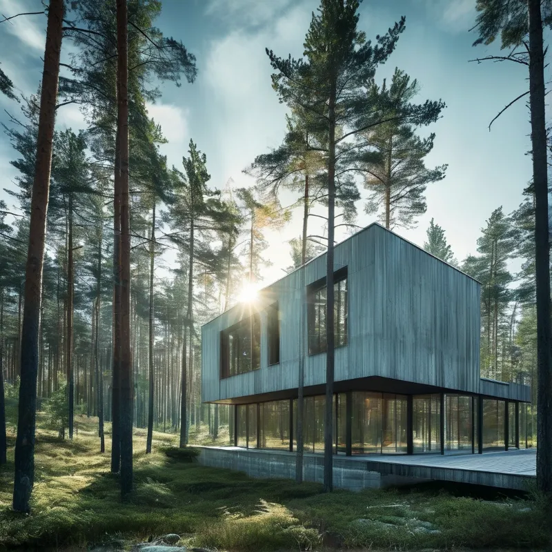 A contemporary elevated home with full glass lower walls sits among tall pine trees, sun shining brightly between the trunks.
