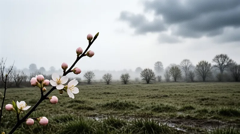 Pink buds open on a dark branch that overlooks a damp green field fading into soft fog.