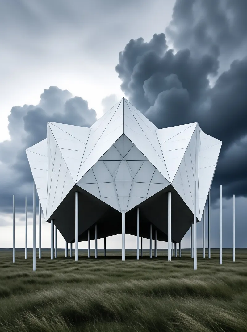 A white multifaceted geometric structure raised on slender columns above windswept grass beneath heavy grey storm clouds.