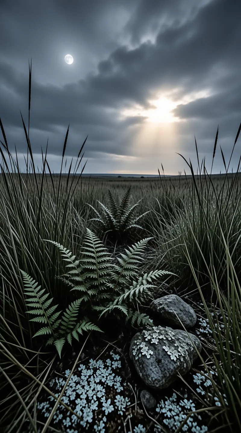 Green ferns and tall grasses grow on a dark field while bright light bursts through heavy clouds.
