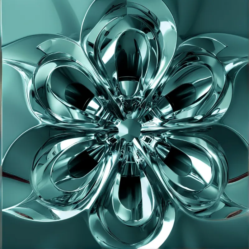 A symmetrical chrome structure resembling a blossom radiates outward with sharp highlights against a soft teal backdrop.