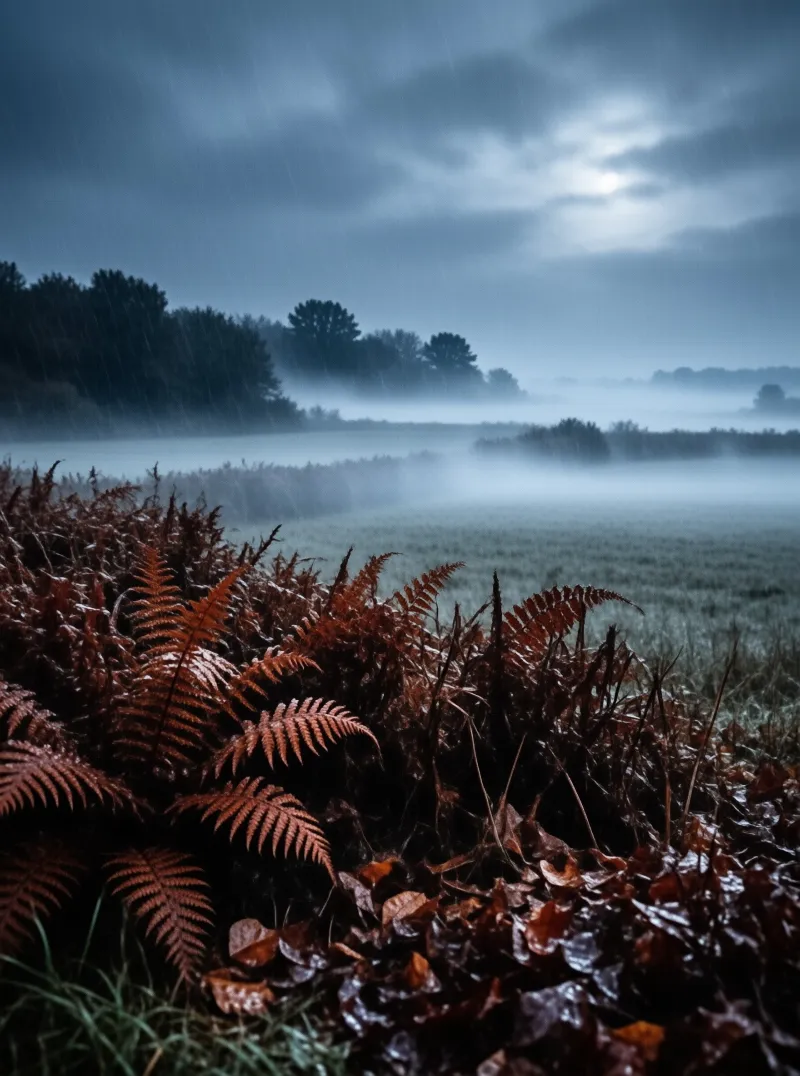 Foggy Rainy Moor with Bracken
