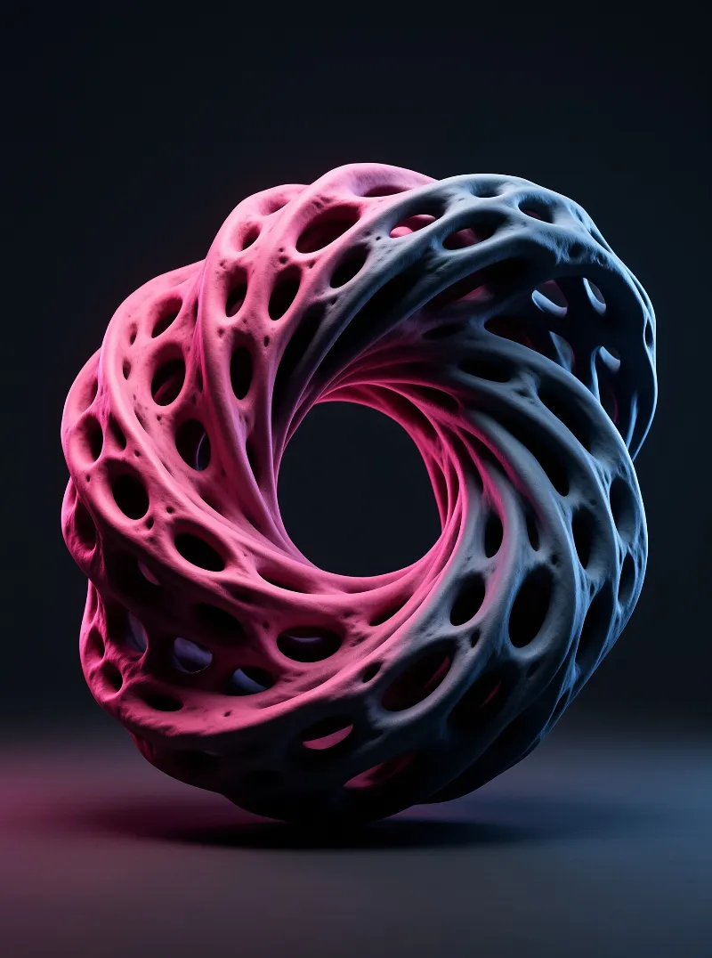 A three-dimensional ring shape features a porous lattice texture transitioning from magenta to blue against a dark backdrop.