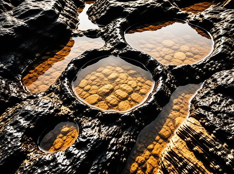 Dark jagged rock formations surround shallow pools of water that reveal golden pebbles beneath the surface.