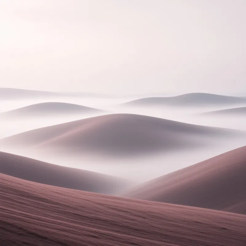 Layered pink sand ridges fade into pale haze, their crests smoothed by wind under a milky sky.