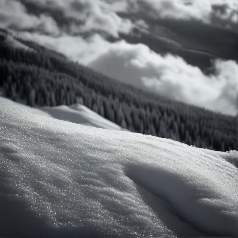 Fine granular snow forms a smooth crest in sharp focus while dark evergreen slopes and drifting cloud soften behind it.