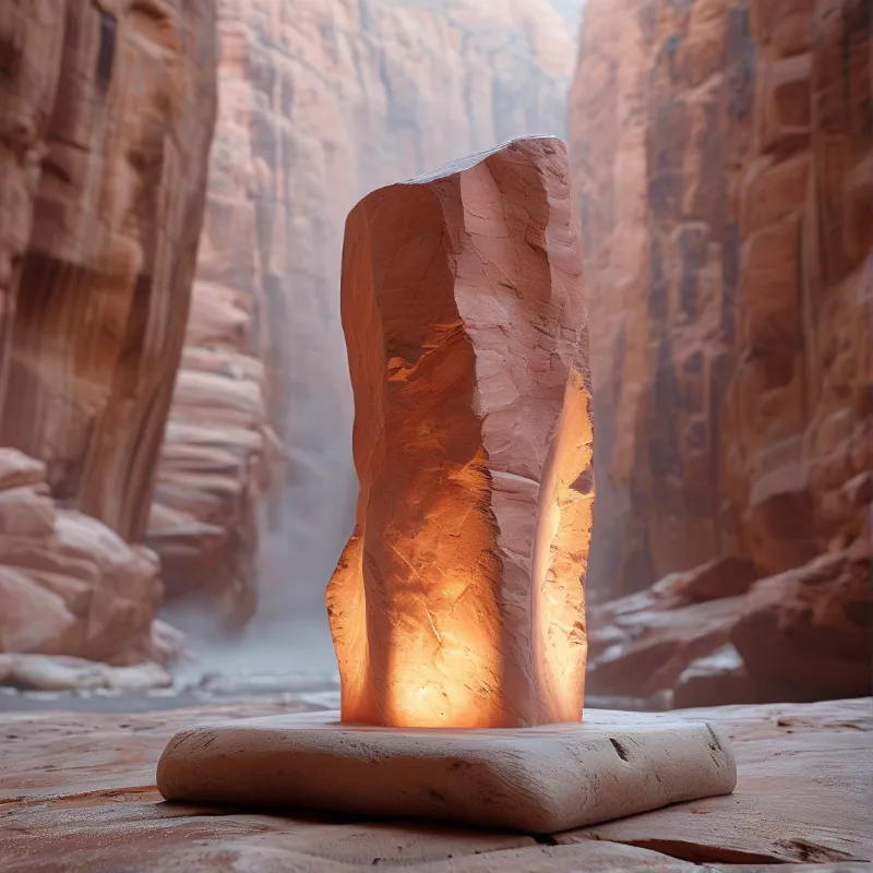 A tall carved stone column emits a warm orange glow from its base while standing in a narrow rocky gorge.