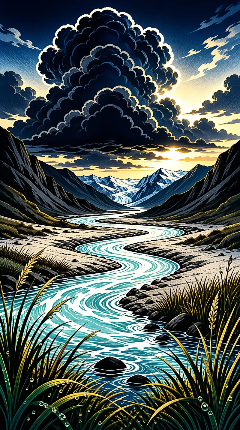 A turquoise river winds across a rocky plain between steep mountains beneath a huge billowing cloud and a low golden sky.