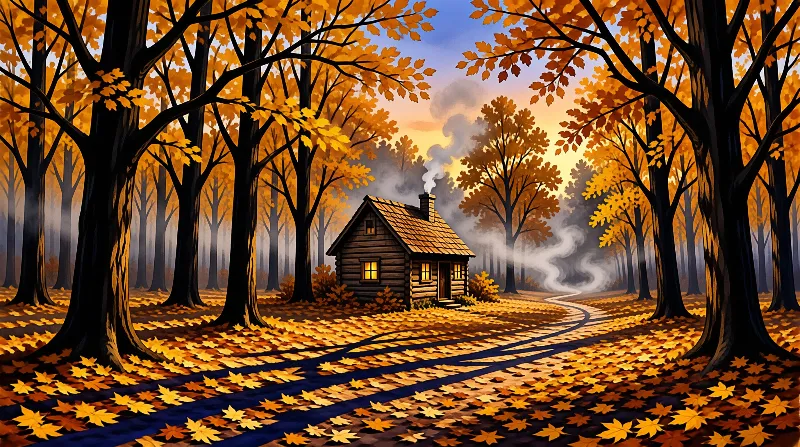 Cartoon woodland scene with a wooden cabin, glowing windows and chimney smoke drifting among golden autumn trees.
