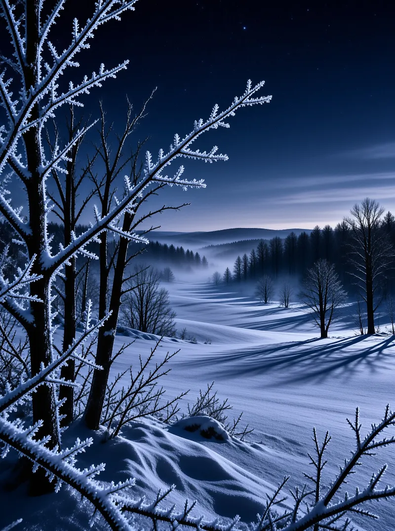 Heavy frost coats dark branches above a misty snow field under a starry blue night sky.