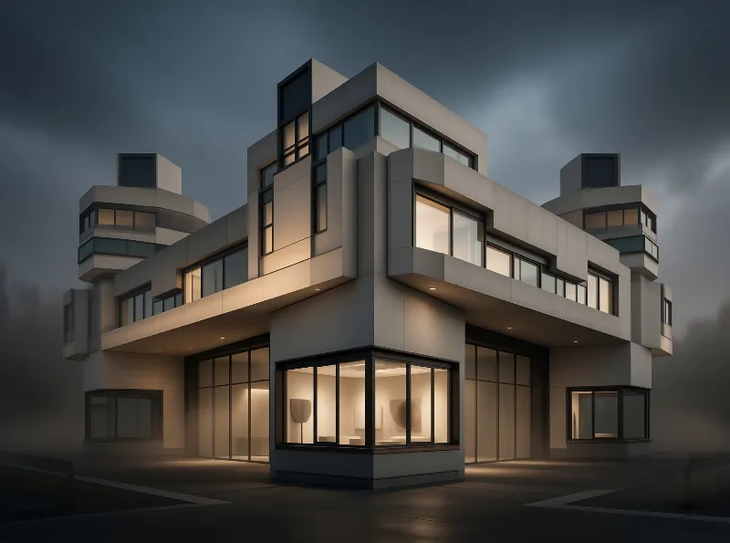 Angular Concrete Pavilion in Dusk Fog
