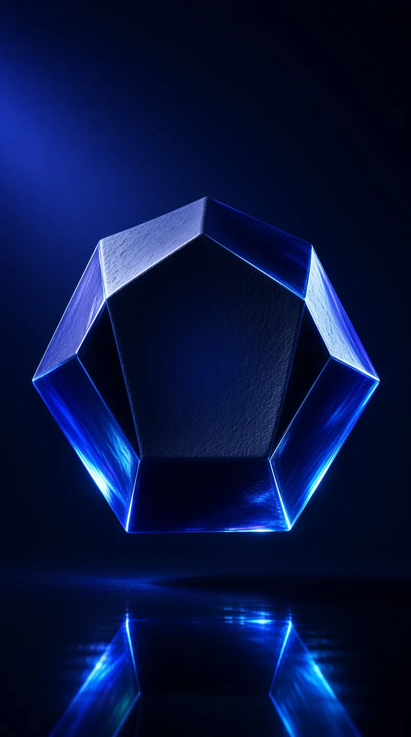 A faceted sapphire-blue crystal hovers above a glossy dark floor, its beveled edges glowing under cool studio light.