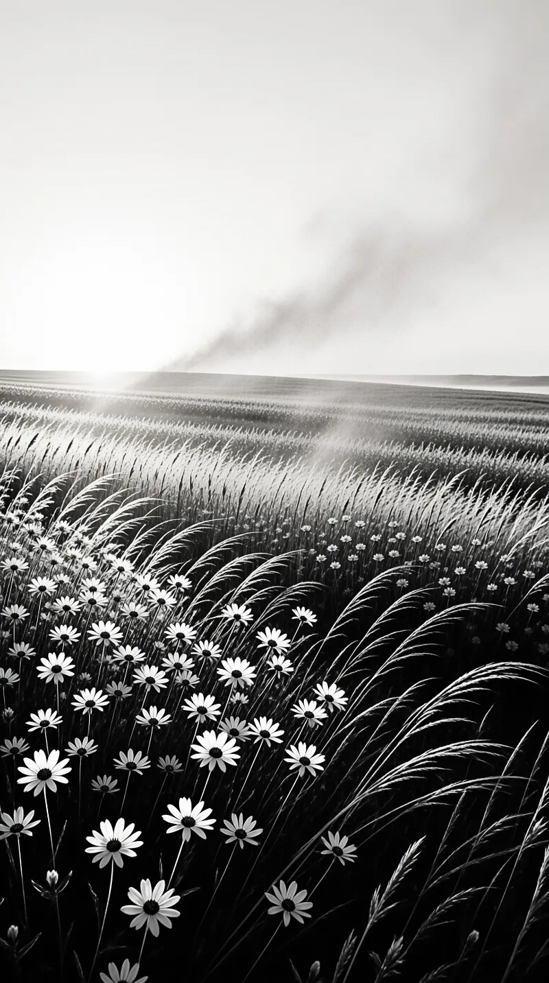 Grayscale wildflowers lean with the wind across an open meadow as bright sun spills over a low horizon