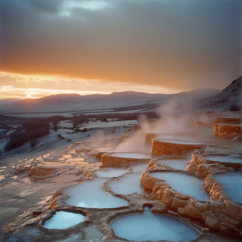 Steaming geothermal terraces surrounded by snow and mountains during a golden sunset light.