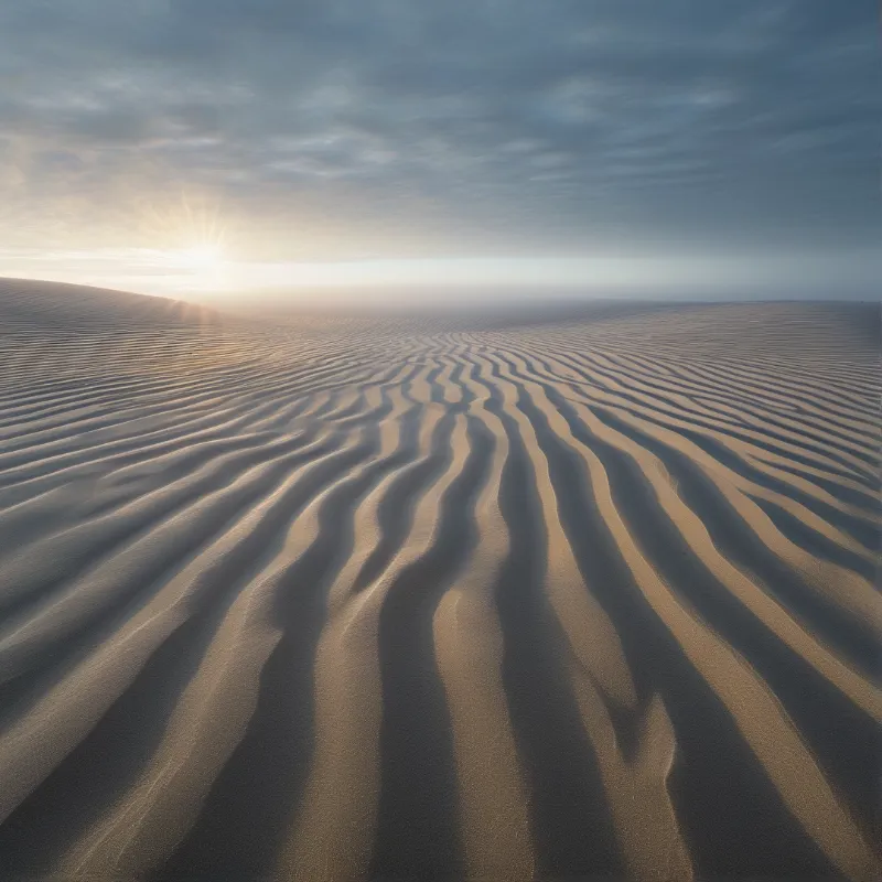 Wind shaped wavy sand dunes reach the horizon, low sunrise behind distant ridges casts long shadow lines on grainy sand.