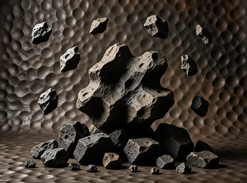 Dark porous rocks float above a pile of stones against a dimpled gray textured background with dramatic side lighting.