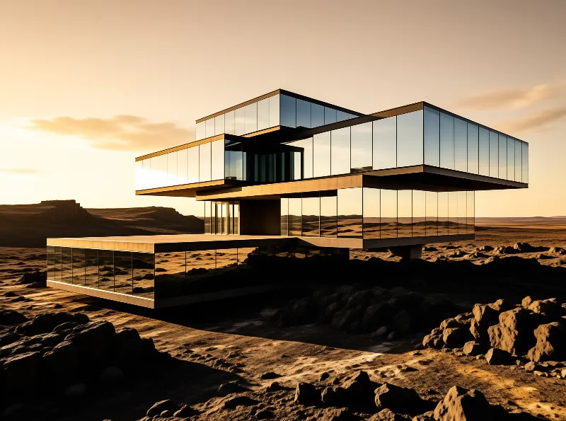 Cantilevered mirror glass boxes rest above a rocky desert floor reflecting an amber sky at the end of the day