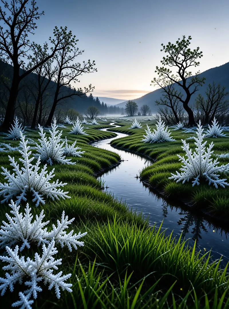 White frost formations resembling ferns sit on green grass beside a dark stream reflecting the twilight sky.