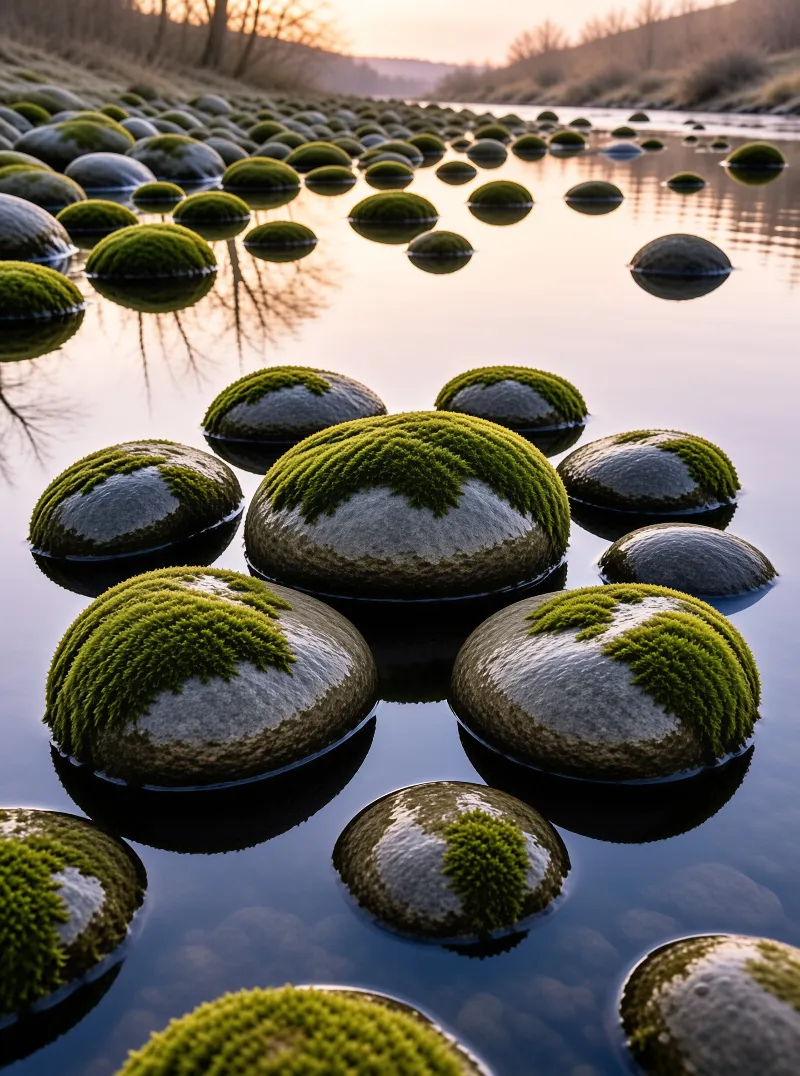 Moss Stones on Calm Water