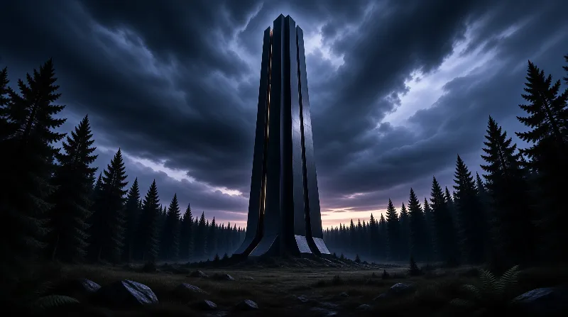Monolith in Stormy Forest