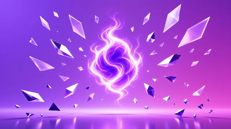 A bright white energy vortex floats in the center while angular glass fragments drift against a gradient violet backdrop.