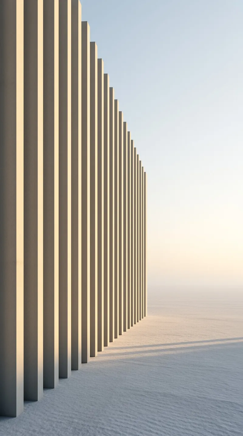 A sequence of tall grey architectural fins lines a sandy ground that fades into a hazy white sky.
