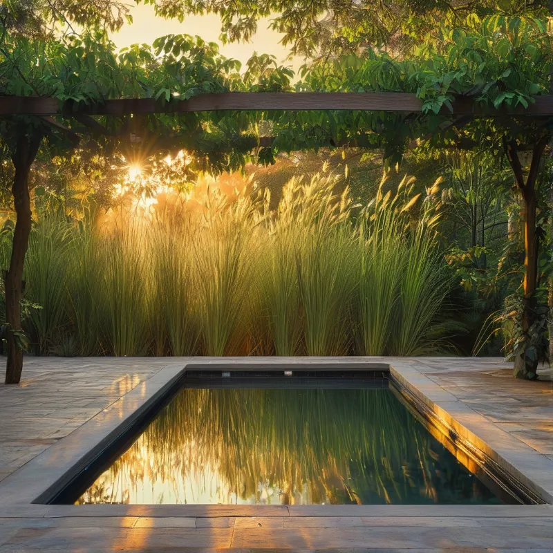 A calm reflecting pool sits beneath a vine-covered pergola surrounded by tall golden grasses glowing in warm sunlight