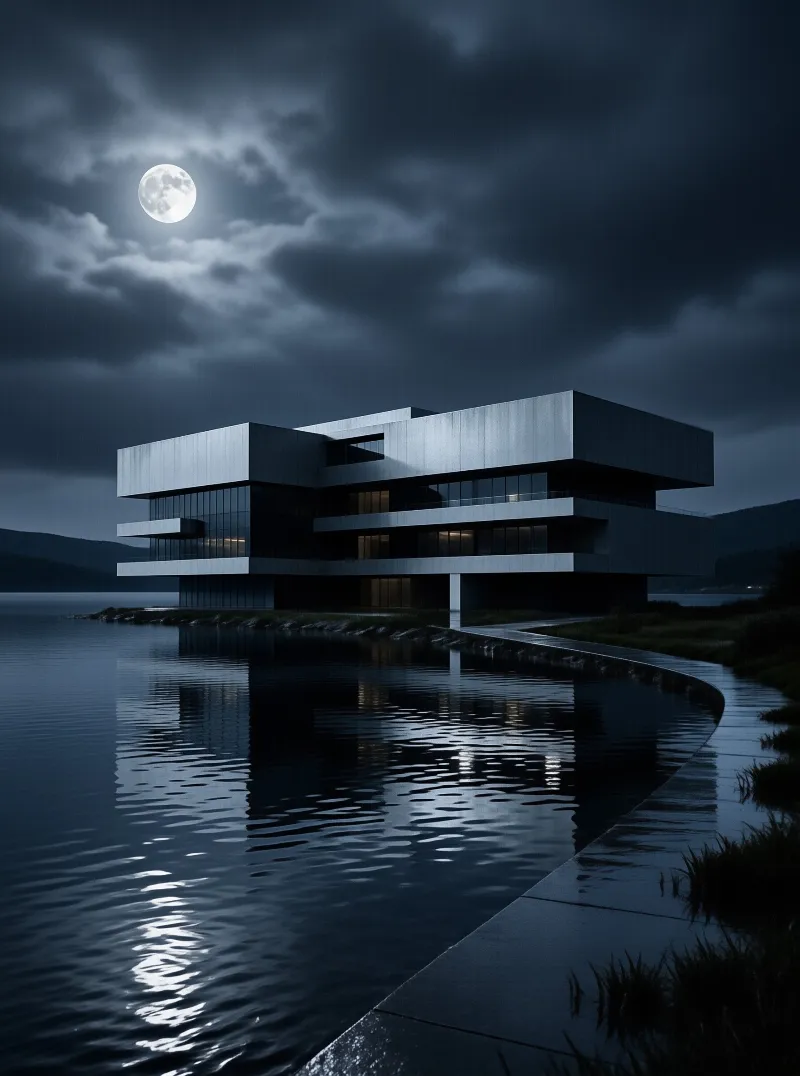 A geometric residence stands on the water's edge beneath a cloudy night sky with a bright moon.