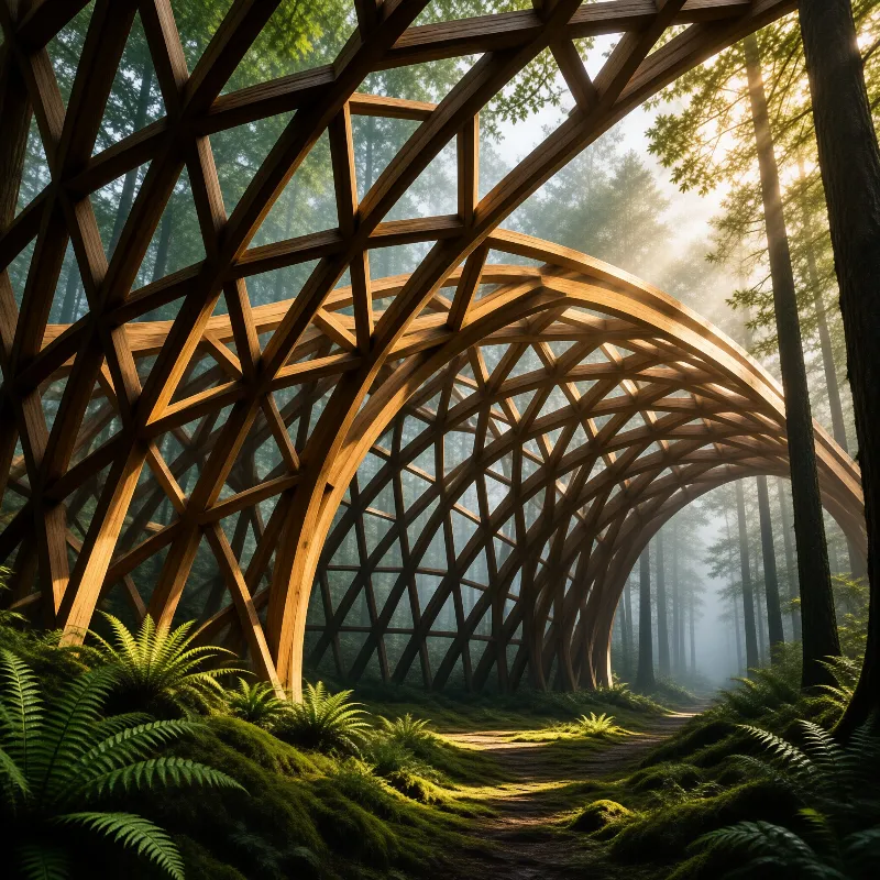 A large wooden lattice structure forms a tunnel over a mossy path winding through a sunlit misty forest with ferns.