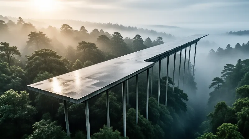 A long straight concrete path suspended high above the treetops catches golden rays amidst thick blue fog.