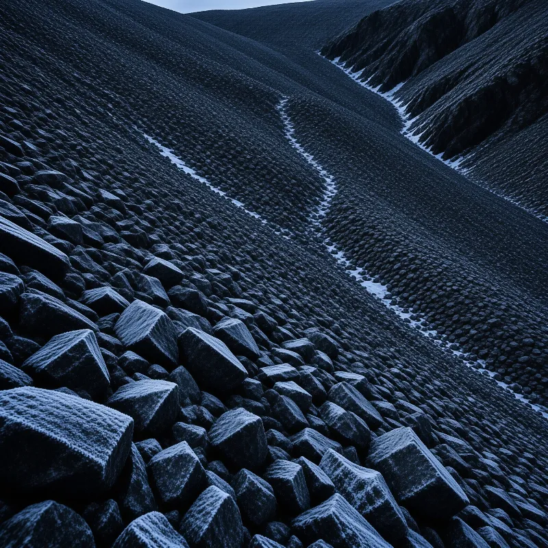 Dark hexagonal rocks cover a steep slope with thin white snow lines tracing down a valley under dim blue light.