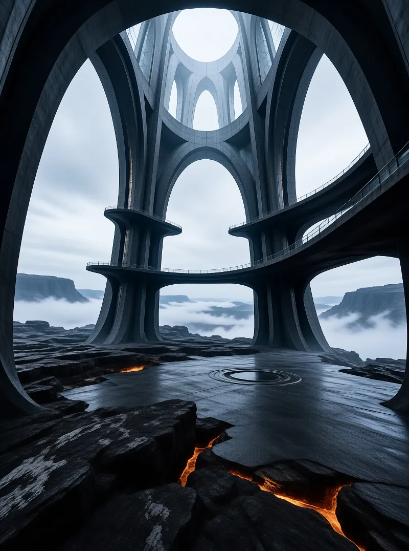A monumental structure with sweeping arches stands above dark volcanic rock with bright orange lava glowing in the cracks.
