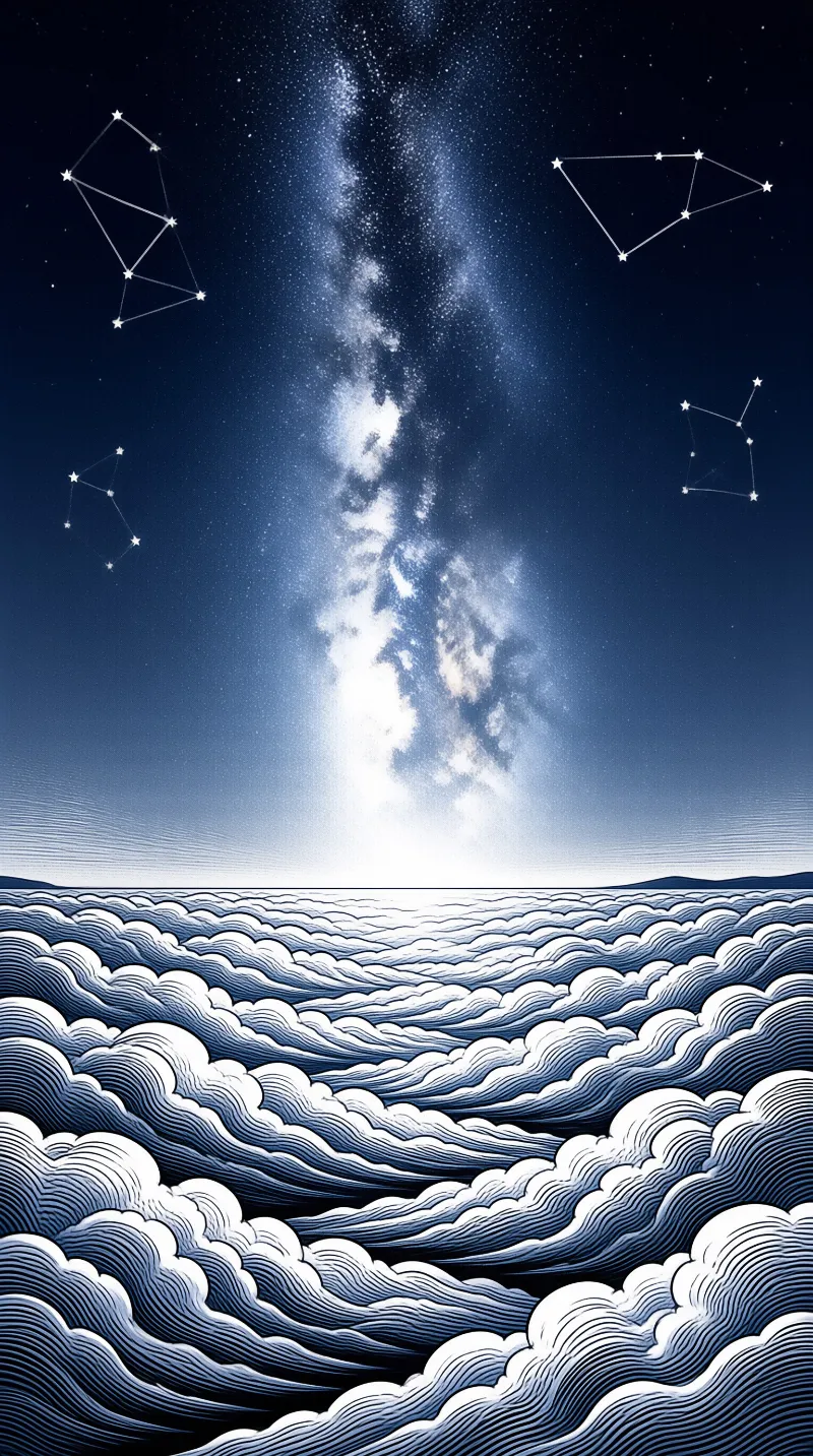 A stylized night sky with the bright Milky Way and constellations above a textured field of overlapping blue clouds.