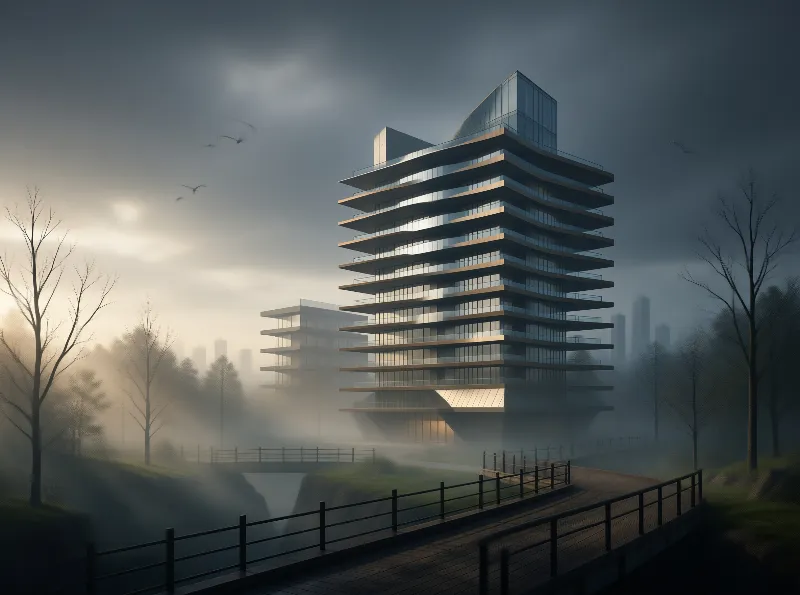 Modern Tower in the Mist