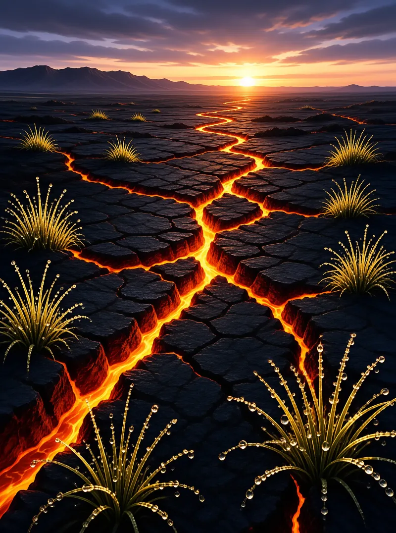 A glowing orange lava stream winds through dark cracked earth blocks near grass tufts with dew drops under a sunset sky.